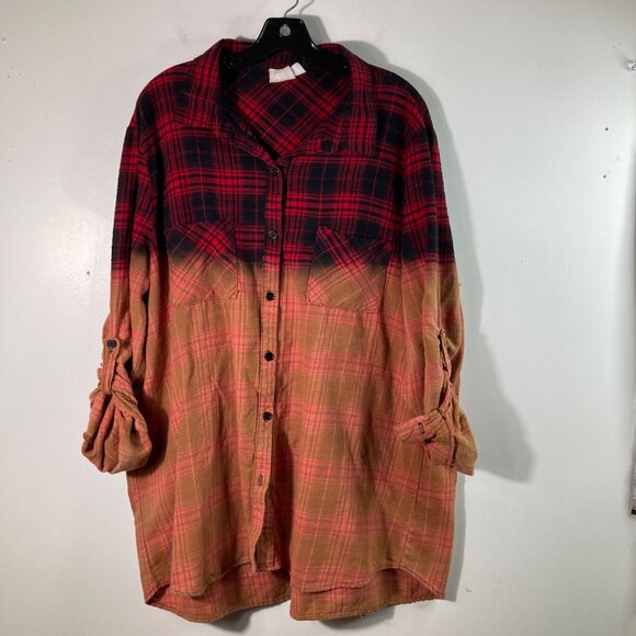 Womens Janette Plus Plaid Flannel Button Bleached Shirt Red Black Orange 3X Cott - Picture 1 of 9
